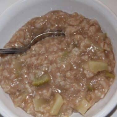 Bowl of oatmeal with apple chunks, served on a white plate with a spoon on the side.