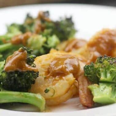 A white plate with broccoli and shrimp covered in a brown peanut sauce.