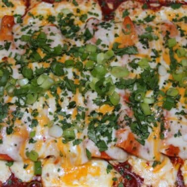 A tray of baked enchiladas covered in melted cheese, chopped green onions, and cilantro.
