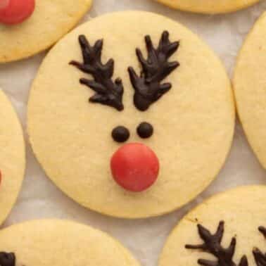 Round cookies decorated as reindeer faces with chocolate antlers, chocolate eyes, and red candy noses.