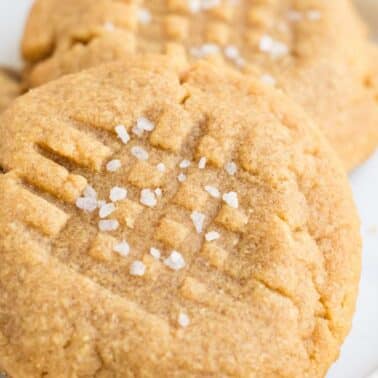 Close-up of three peanut butter cookies with a crisscross pattern and salt sprinkles on a white plate.