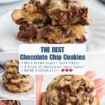 Collage of chocolate chip cookies with text highlighting ingredients and flavor benefits; includes close-up images of stacked cookies.