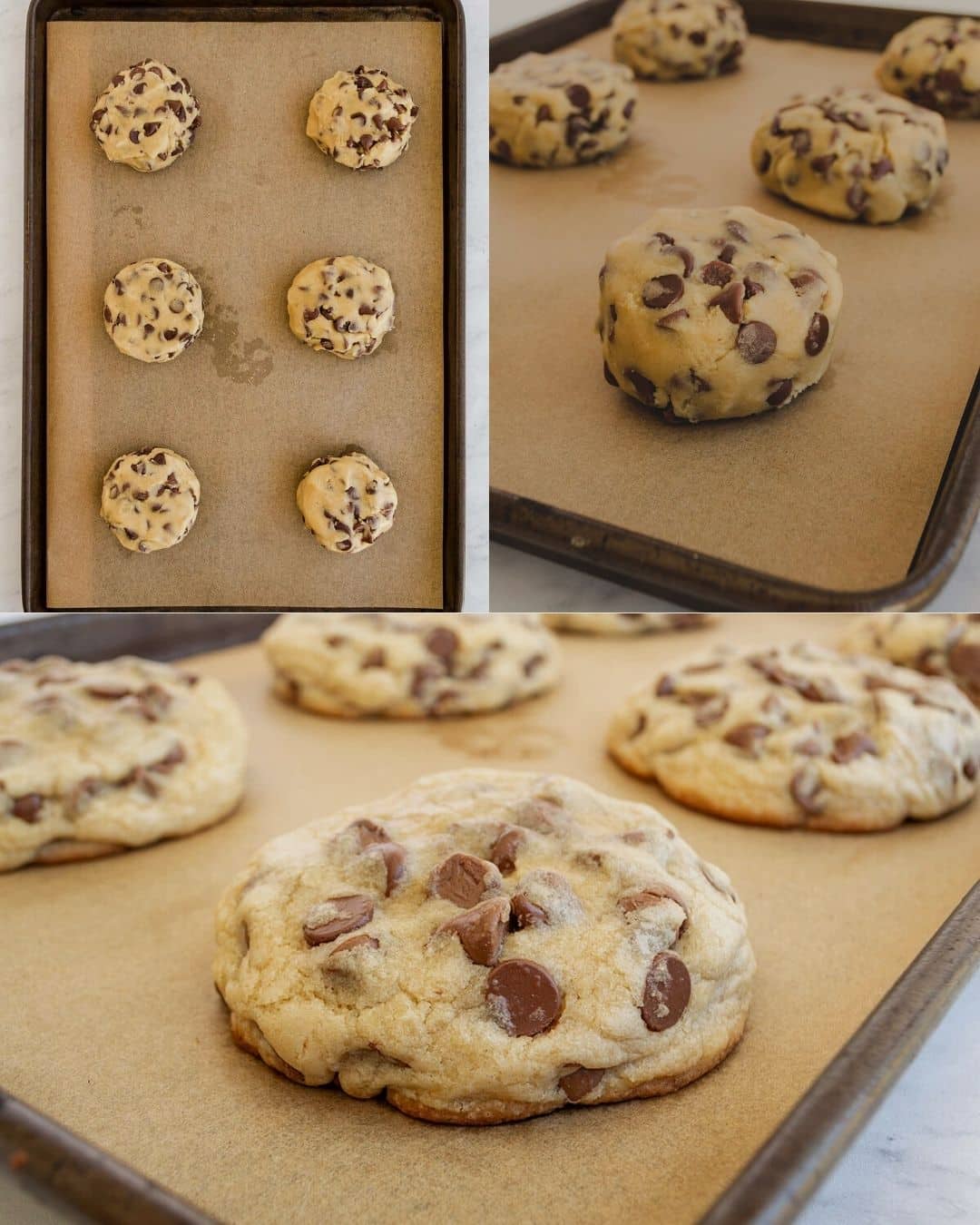 Cookie dough balls on a baking tray transform into baked chocolate chip cookies in three stages: raw dough, close-up of dough, and fully baked cookies.