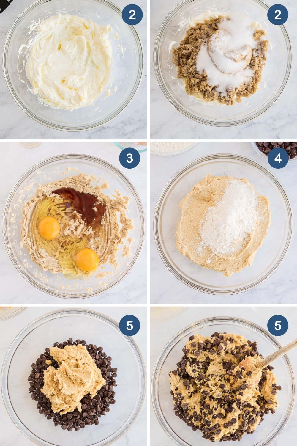 A series of images showing the step-by-step process of making chocolate chip cookie dough: creaming ingredients, adding eggs and vanilla, mixing in flour, and then folding in chocolate chips.