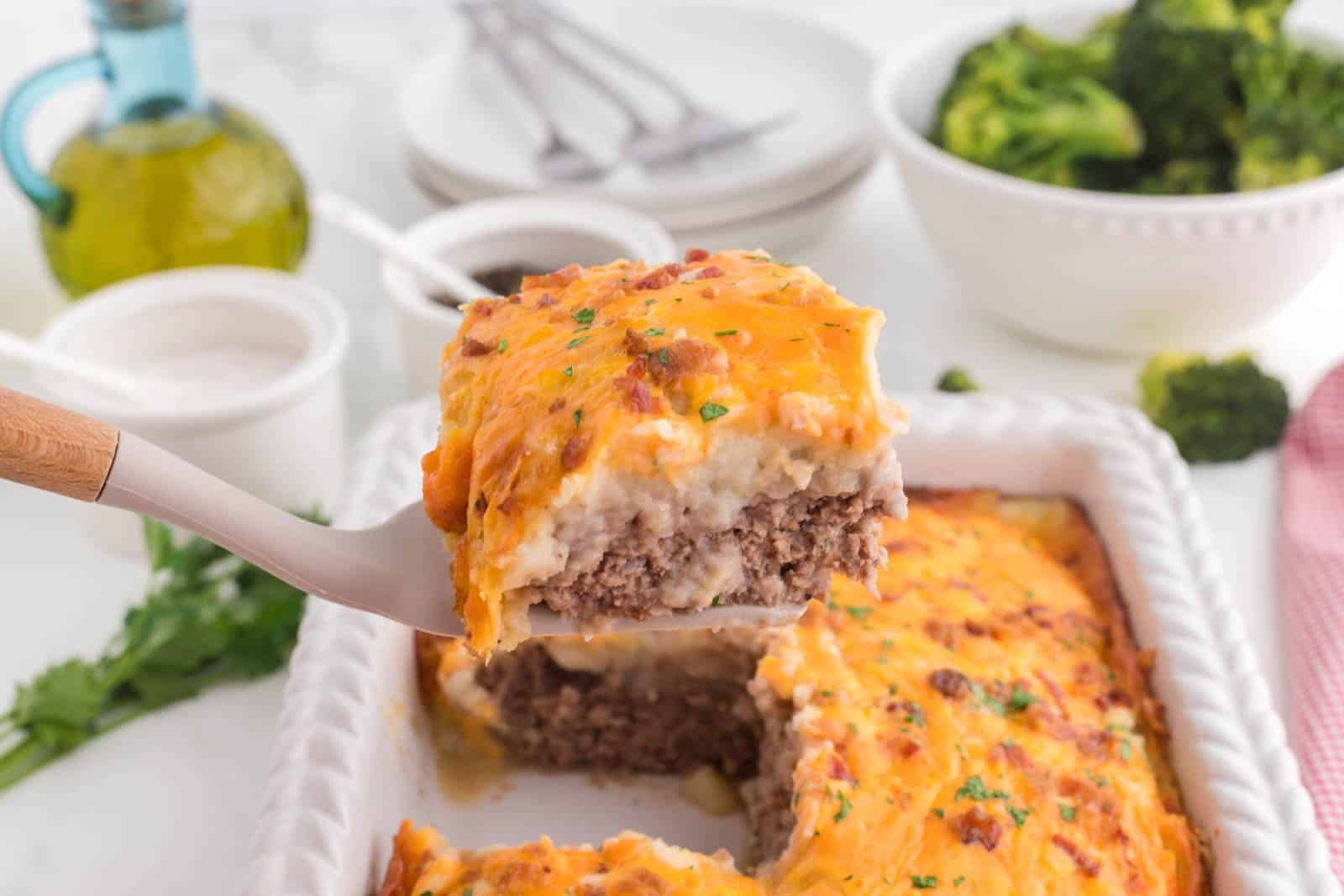 Meatloaf casserole with loaded mashed potatoes is a great way to use leftovers or create a delicious