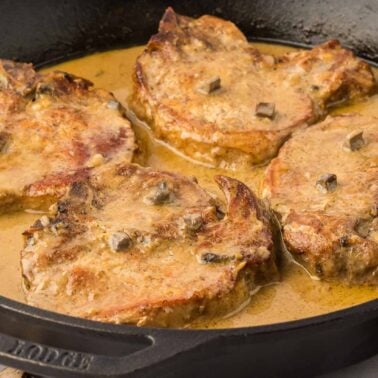 Four pork chops in a cast iron skillet with cream of mushroom sauce.