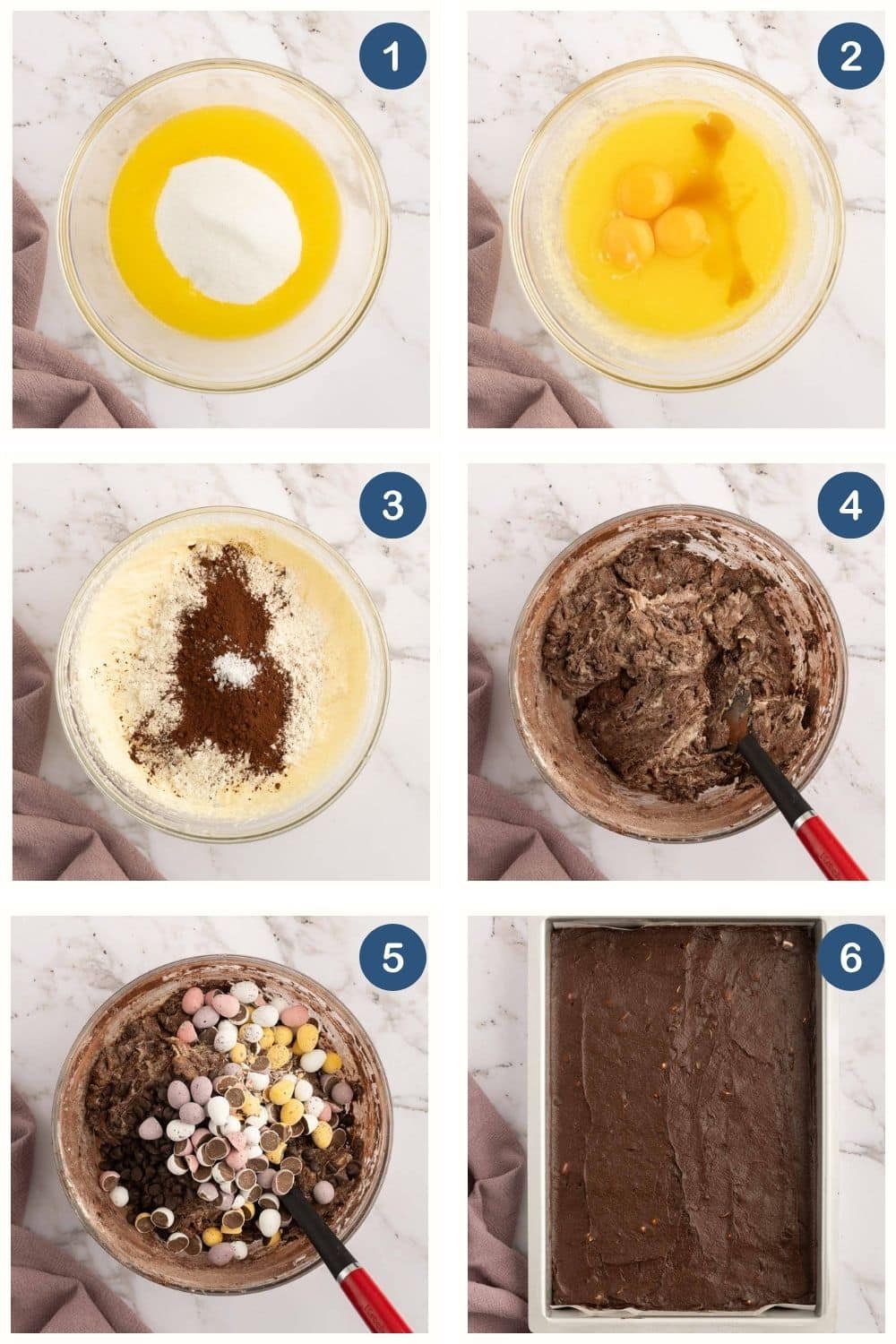 Step-by-step process of making brownie batter: mixing sugar, butter, eggs, dry ingredients, then adding chocolate candies, and spreading the batter in a baking pan.