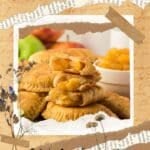 Image of golden-brown fried pies filled with fruit, stacked on a plate. Background features text "Fried Pies" and "Old-fashioned Family Favorite!" with decorative flowers and torn paper elements.