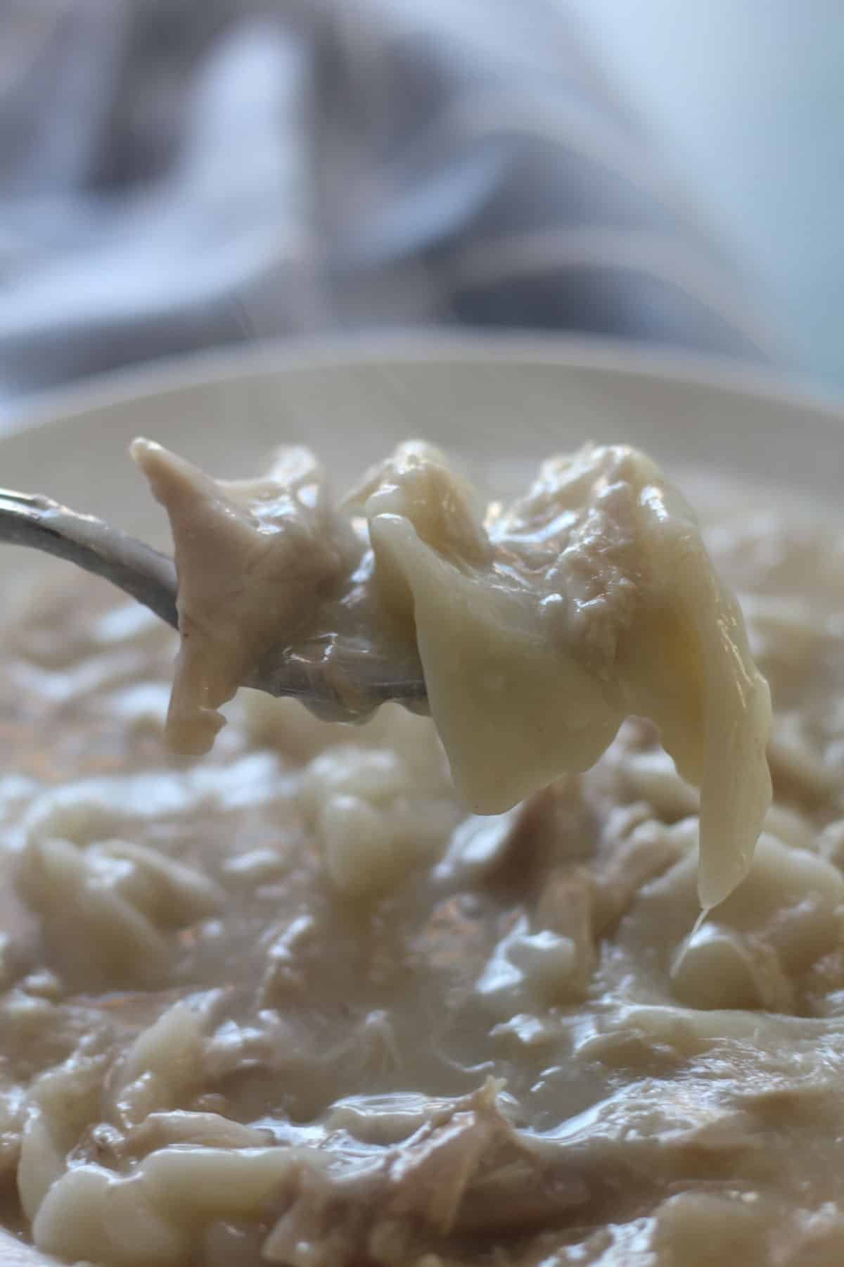 Close-up of a fork lifting a portion of creamy chicken and dumplings from a bowl.
