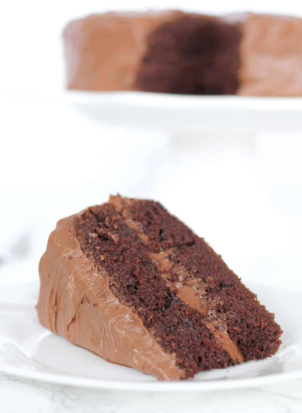 Slice of Hershey's chocolate cake with chocolate frosting on a white plate, with the rest of the cake on a stand in the background.