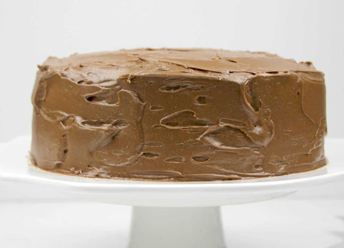 Chocolate frosted cake on a white pedestal against a plain background.