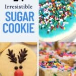 Image collage of decorated sugar cookies with sprinkles and reindeer designs, accompanied by text: "14 Irresistible Sugar Cookie" and "SouthernFoodAndFun.com".