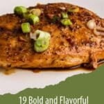 A seasoned dish garnished with chopped green onions on a plate. Text reads: "19 Bold and Flavorful Garlic Dishes.