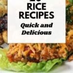 Plate of food with rice and vegetables, topped with herbs and cheese. Text overlay: "20 Rice Recipes Quick and Delicious." Website URL at the bottom.