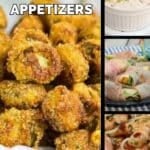 Collage of appetizers: fried snacks, creamy dip, wrapped bites, and shrimp in sauce, titled "24 Party-Perfect Appetizers.