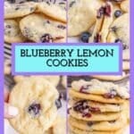 Collage of blueberry lemon cookies, including cookies on a cooling rack, a stack of cookies, a close-up with a bite taken, and a hand holding one. Text reads "Blueberry Lemon Cookies.