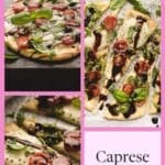 Three images of Caprese flatbread topped with mozzarella, cherry tomatoes, fresh basil, and balsamic glaze, arranged together with the text "Caprese Flatbread" at the bottom right.