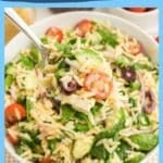 A spoonful of Greek pasta salad with orzo, spinach, cucumbers, tomatoes, olives, and onions above a bowl of salad. Text reads “Greek Pasta Salad” and “southernfoodandfun.com.”.