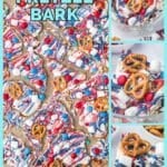 A tray of patriotic pretzel bark topped with red, white, and blue candy, pretzels, and drizzle, shown in close-up and plated views.