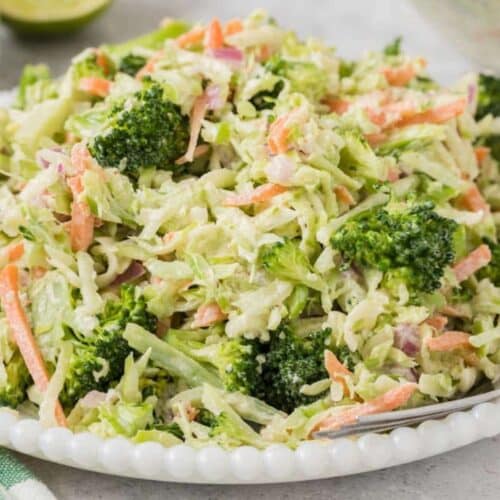 A plate of broccoli slaw with shredded carrots, cabbage, and a creamy dressing, served with a fork.