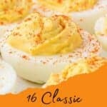 Close-up of deviled eggs sprinkled with paprika, with text overlay reading "16 Classic Egg Recipes" on an orange banner at the bottom.