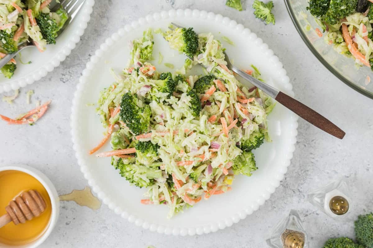 A plate of broccoli slaw with shredded carrots, broccoli florets, and creamy dressing, with a fork resting on the plate. A bowl of dressing and seasonings are nearby.