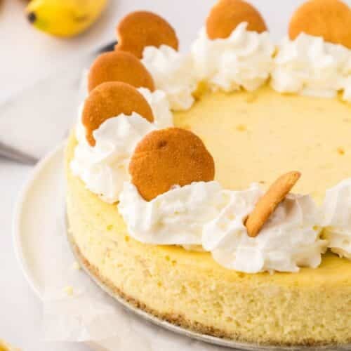A cheesecake topped with swirls of whipped cream and round vanilla wafer cookies arranged around the edge.