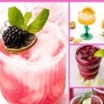 Collage of four colorful margarita drinks in glasses, garnished with fruit and herbs, with the text "16 Margarita Recipes" at the top on a pink background.