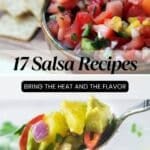A bowl of fresh salsa with chips beside it and a spoonful of avocado salsa, with text reading “17 Salsa Recipes—Bring the Heat and the Flavor.”.