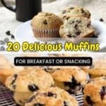 A plate with chocolate chip muffins next to a mug, and a tray of baked blueberry muffins, with text promoting muffins for breakfast or snacking.