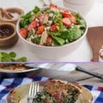 A bowl of spinach salad with strawberries and shredded chicken above a plate of spinach quiche, with the text “20 Spinach Meals” at the top.