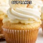 A banana pudding cupcake topped with swirled frosting and banana slices, displayed on a light surface. Text on the image reads "Banana Pudding Cupcakes.