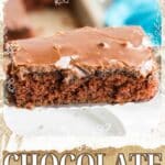A slice of chocolate sheet cake with chocolate icing is shown close up, accompanied by the text 'Vintage Recipe Chocolate Sheet Cake'.