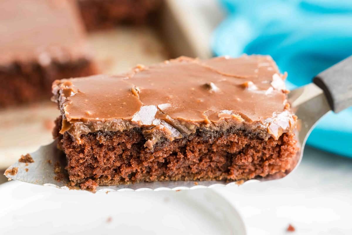 A close-up of a spatula holding a slice of chocolate sheet cake with chocolate frosting.