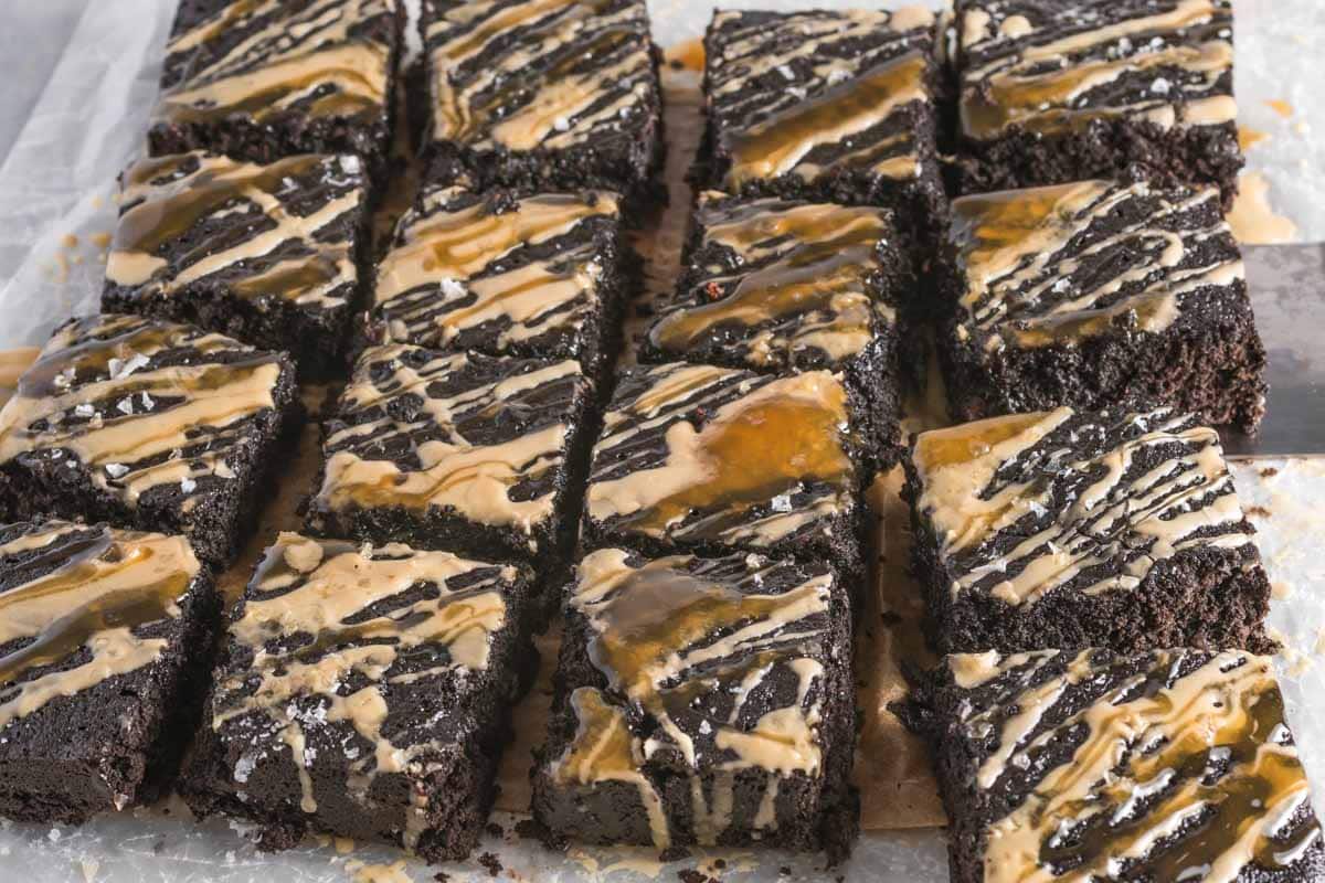Rich, fudgy espresso brownies swirled with caramel and finished with a bold espresso glaze