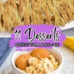 A rectangular apple pastry and a bowl of banana pudding with vanilla wafers are shown, with text reading "11 Desserts Perfect for a Bake Sale.