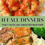A plate of gnocchi topped with tomato sauce and herbs above a plate of sliced grilled pork with rice and broccoli, overlaid with the text "11 Fall Dinners That Taste Like Sweater Weather.
