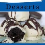 A stack of chocolate and cream truffles coated in white chocolate and drizzled with dark chocolate, featured in a graphic about no-bake desserts for hot days.