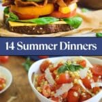 A BLT sandwich with lettuce, tomato, cheese, and bacon on whole grain bread, and a bowl of cherry tomato and corn salad. Text reads: "14 Summer Dinners. southerfoodandfun.com.