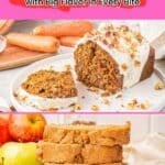 A sliced carrot cake with cream cheese frosting and nuts on a plate, and stacked slices of loaf cake with apples and carrots nearby.
