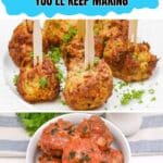 Two plates of meatballs are shown, one with toothpicks and another in tomato sauce, under text reading "15 Meatball Recipes You'll Keep Making.