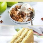 A bowl of caramel apple crumble with ice cream and a plate with a slice of caramel cake, promoting 18 gooey caramel recipes.