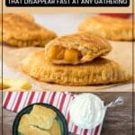 A flaky hand pie with fruit filling and a plate of biscuits with whipped cream and strawberries are shown on a striped cloth.