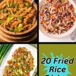 A collage of three bowls of fried rice with vegetables, accompanied by the text "20 Fried Rice Dishes" and the website name southernfoodandfun.com.