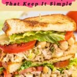 A sandwich filled with lettuce, tomato, and a chickpea salad, displayed with text promoting "20 Lighter Recipes That Keep It Simple" from southernfoodandfun.com.