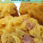 Close-up of cheesy casserole bites with visible ham pieces, overlaid text reads, "9 Kid-Friendly Dinners Ready in No Time," and website URL at the bottom.