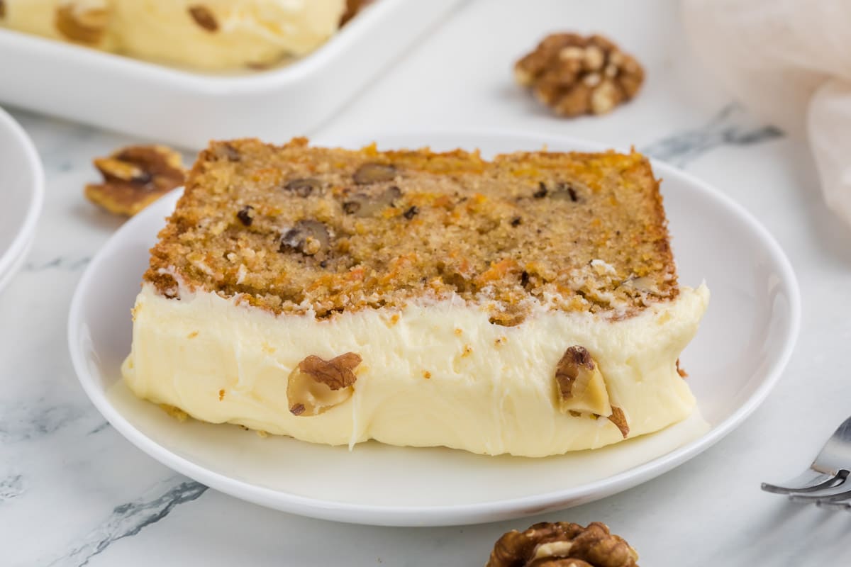 This moist, spiced carrot loaf cake with walnuts and cream cheese frosting.