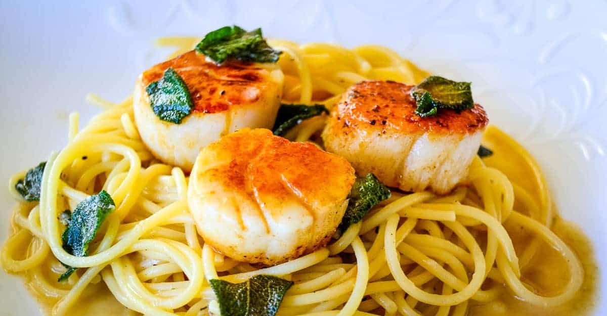 Three seared scallops served on a bed of spaghetti with fresh herbs make this dish a standout among quick seafood recipes, perfect for warm night dinners.