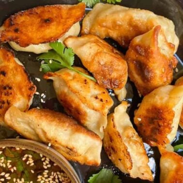A plate of pan-fried dumplings garnished with cilantro, served with a bowl of soy sauce topped with sesame seeds and vegetables—perfect for those seeking flavorful, dairy-free recipes.