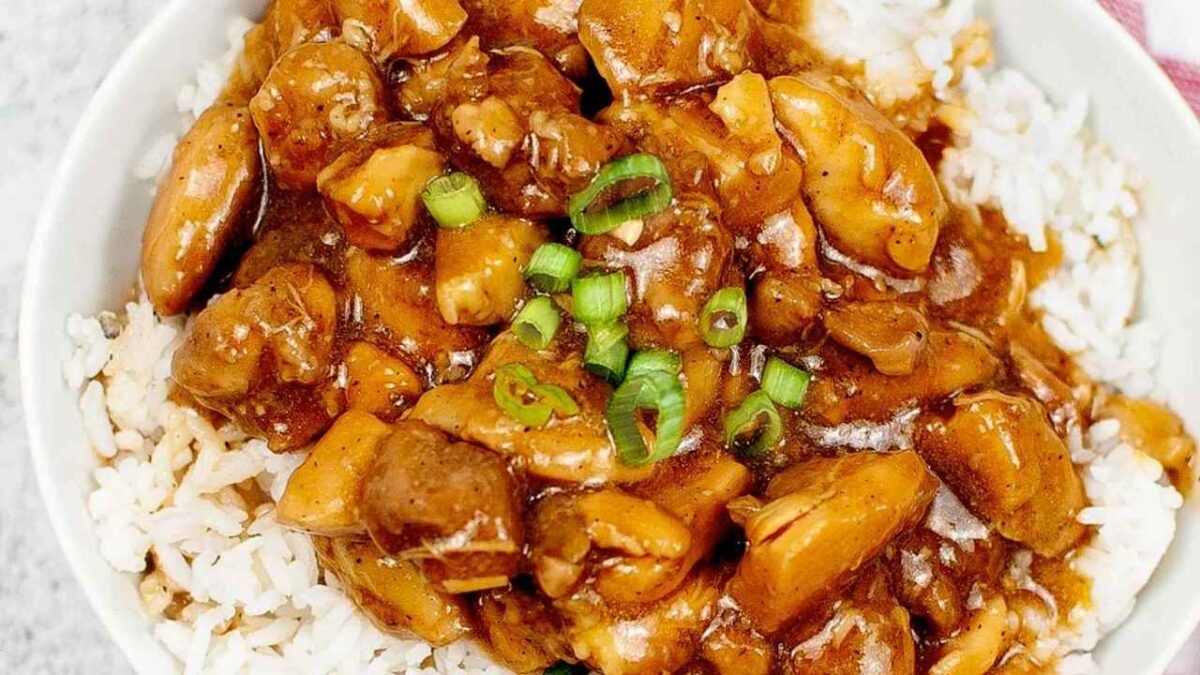 A bowl of white rice topped with a thick brown stew containing chicken pieces, mushrooms, and chopped green onions—perfect for easy dinners or quick dinner recipes.
